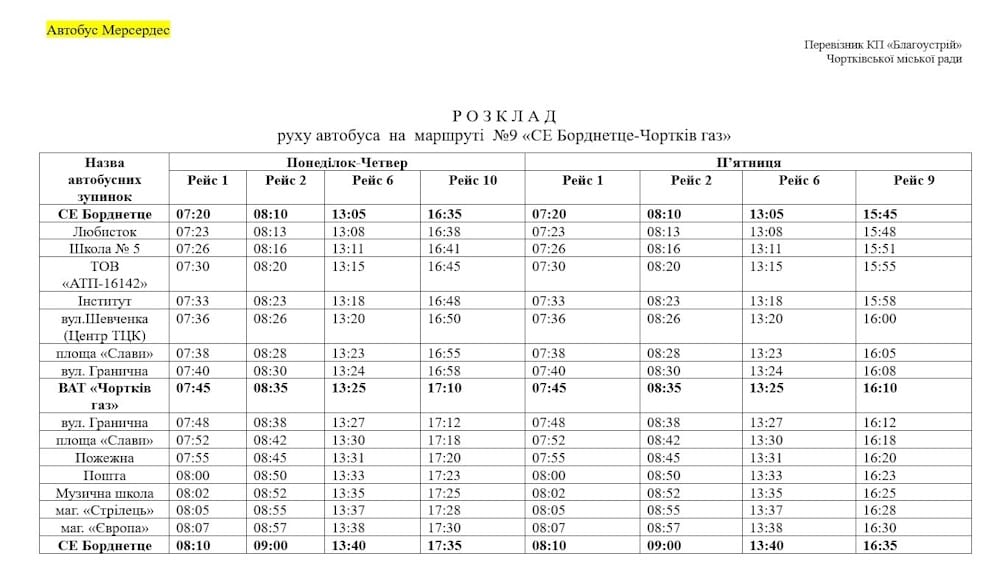 Розклад руху автобус №9 Чортків