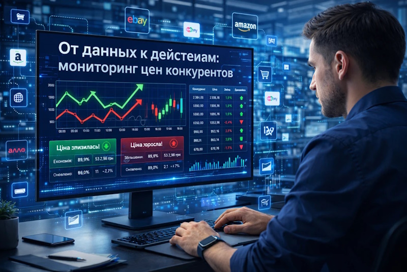 Аналитик работает за ноутбуком с дашбордом цен, на экране графики и уведомления, вокруг цифровые элементы и иконки маркетплейсов.
