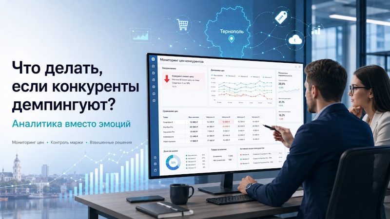 Руководитель и аналитик e-commerce анализируют снижение цен конкурента на дашборде мониторинга для принятия взвешенных решений.